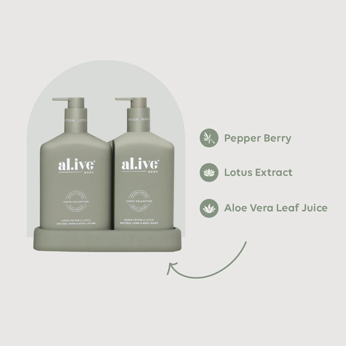 al.ive body Hand & Body Wash & Lotion Duo | Green Pepper & Lotus available at The Honey Emporium