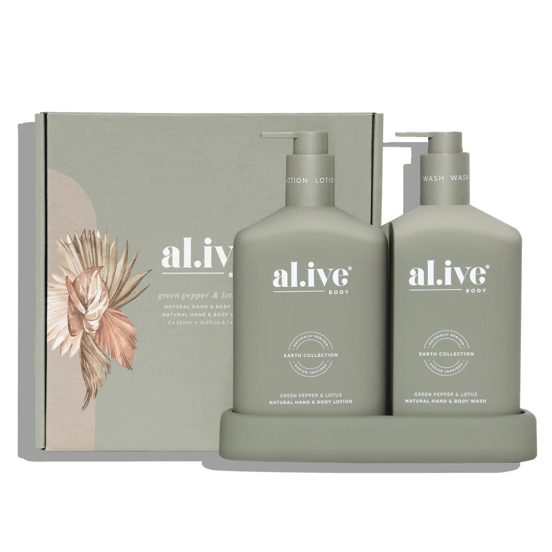 al.ive body Hand & Body Wash & Lotion Duo | Green Pepper & Lotus available at The Honey Emporium