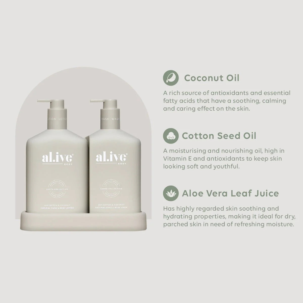 al.ive body Hand & Body Wash & Lotion Duo | Sea Cotton & Coconut available at The Honey Emporium