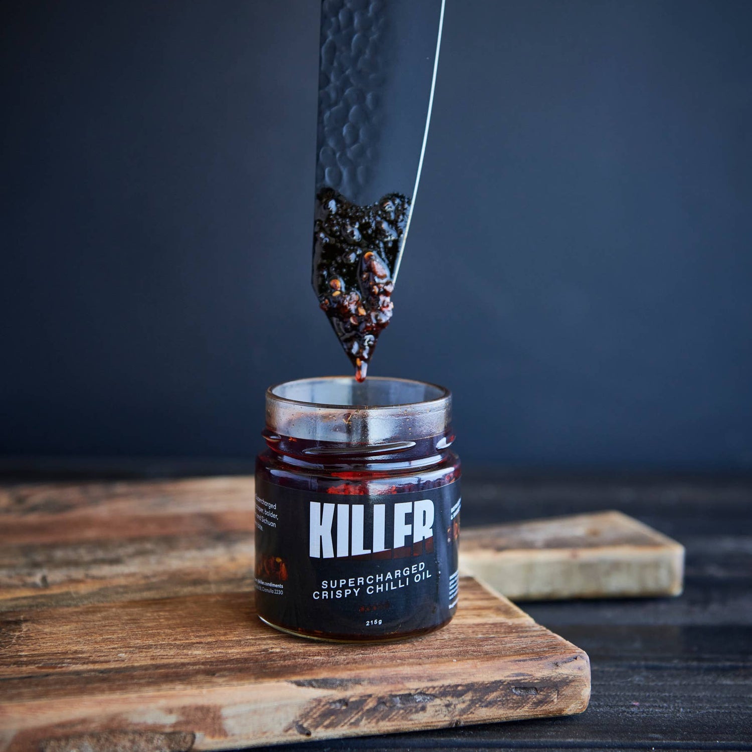 Killer Condiments Supercharged Crispy Chilli Oil 215g available at The Honey Emporium