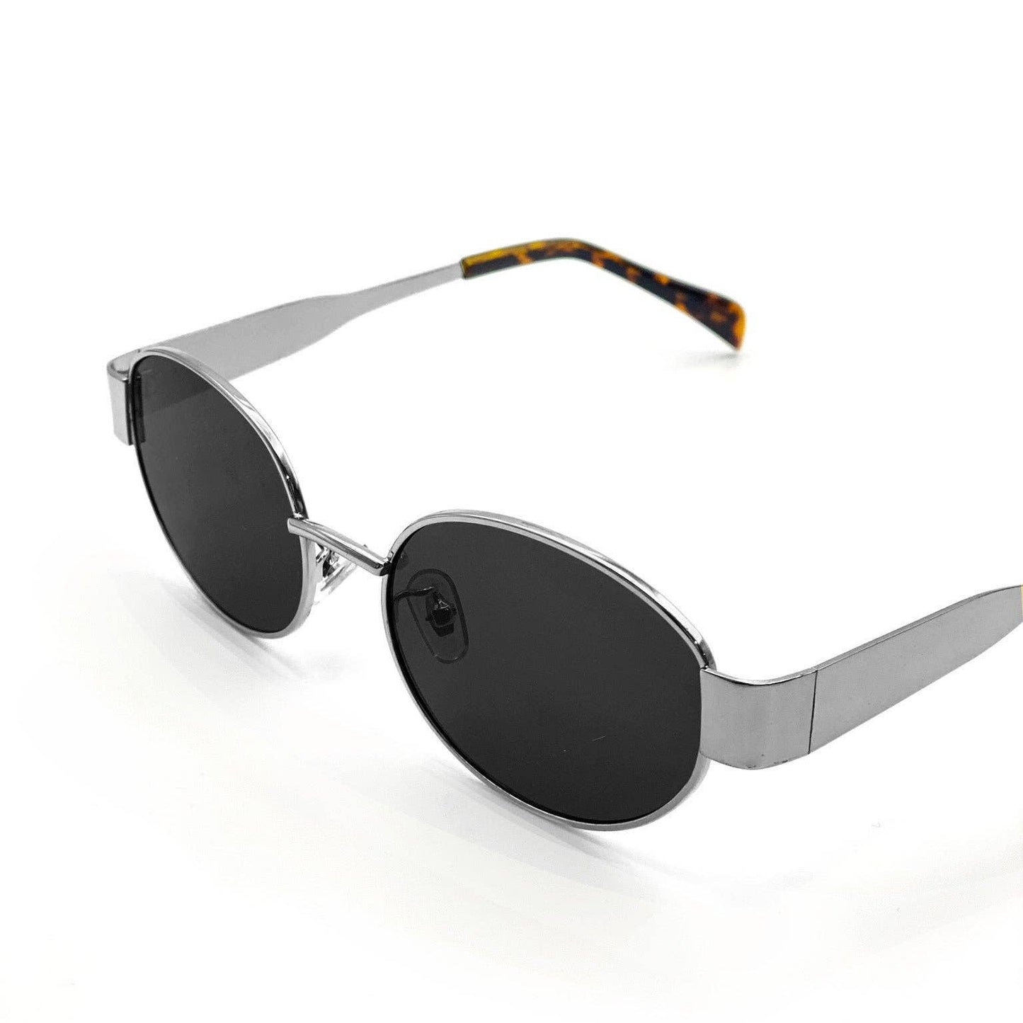 L&S Round Silver Metal Oval Sunglasses in Black