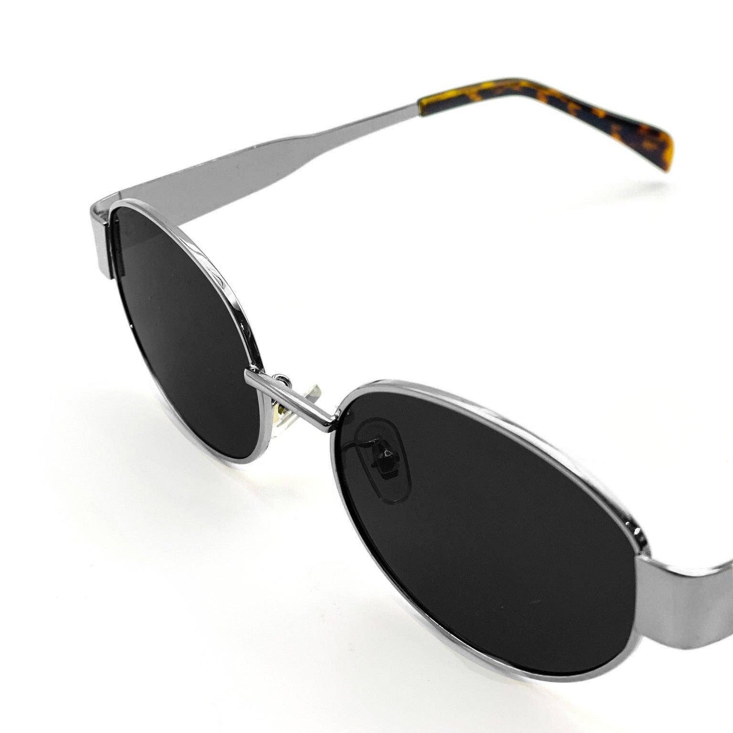 L&S Round Silver Metal Oval Sunglasses in Black
