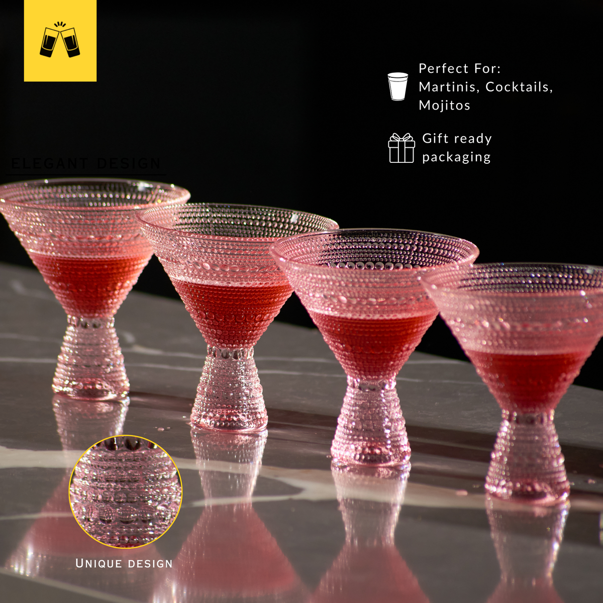 Pink Hobnail Martini Glasses (Set of 1) - 9oz