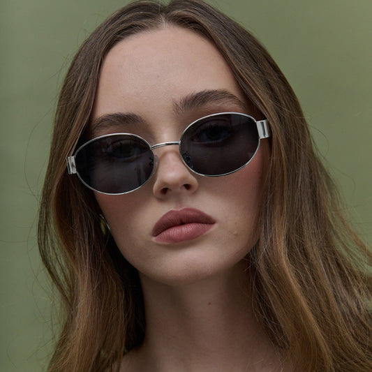 L&S Round Silver Metal Oval Sunglasses in Black