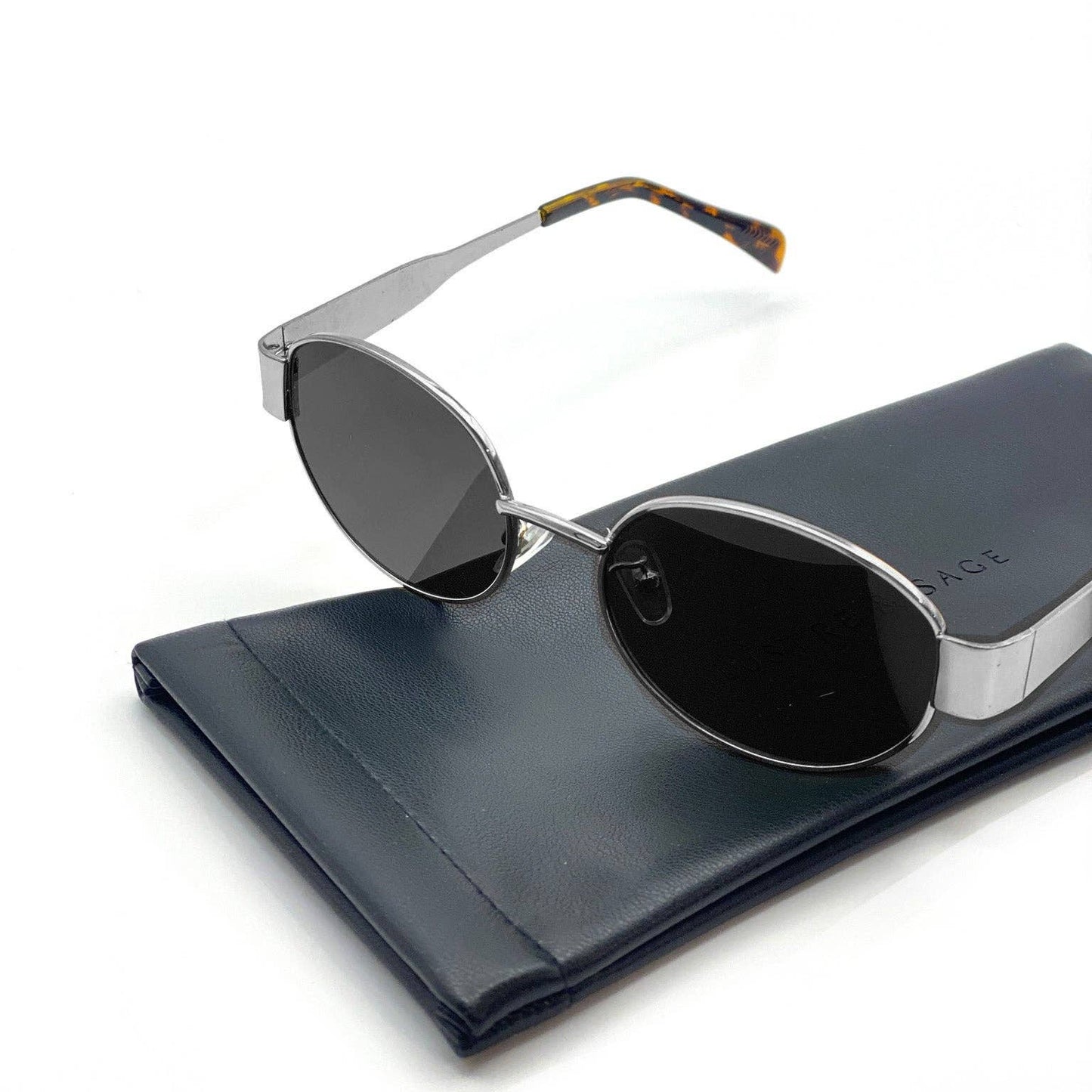 L&S Round Silver Metal Oval Sunglasses in Black