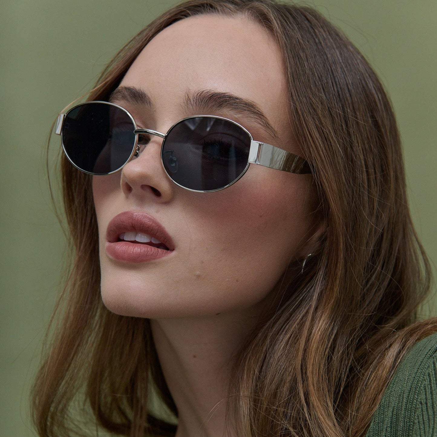 L&S Round Silver Metal Oval Sunglasses in Black